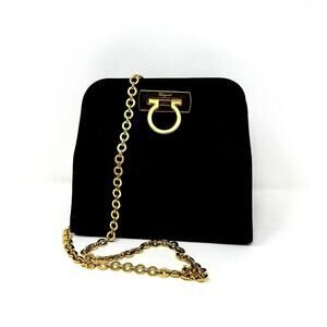 Salvatore Ferragamo vintage Black Suede Gancini Chain Shoulder Bag Gold Hardware